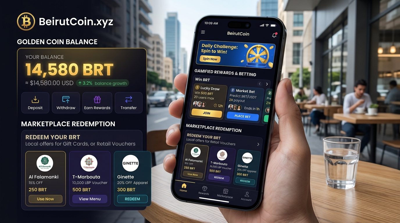 Beirut Coin app on a phone showing a golden coin balance with balance growth, marketplace redemption offers from local shops, and gamified rewards and betting